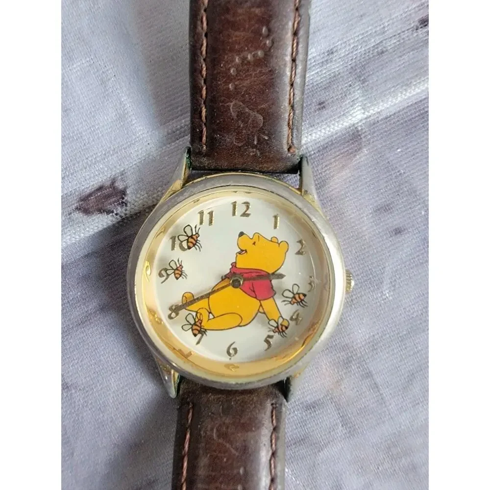 Disney Parks Winnie the Pooh Wristwatch Brown Leather Strap Steel Back Untested